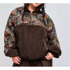 NWT Cider Cat Upholstery Fabric Fuzzy Fleece Brown Half Zip Jacket Medium